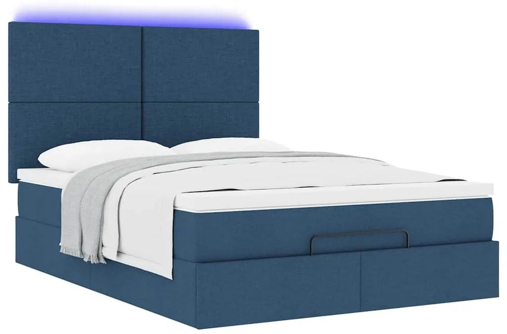 vidaXL Οθωμανικό κρεβάτι με στρώμα & LEDs Μπλε 140x190cm Ύφασμα