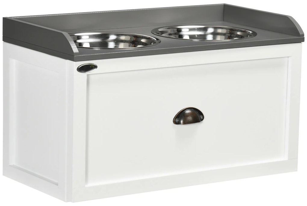 PawHut Σταθμός Τροφοδοσίας, 2 Μπολ Τροφοδοσίας 2 λίτρων το καθένα, Ανοξείδωτο Ατσάλι, με Συρτάρι, για Μεγάλα Σκυλιά, Λευκό+Γκρι, 60 x 30 x 36 cm
