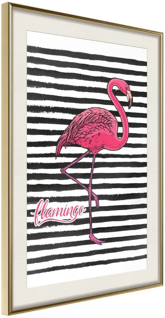 Αφίσα - Flamingo on Striped Background - 30x45 - Χρυσό - Με πασπαρτού