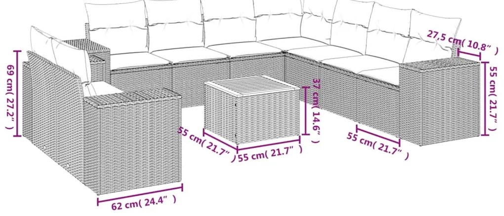 vidaXL Σετ Καναπέ Κήπου 10 τεμ. Μπεζ Συνθετικό Ρατάν με Μαξιλάρια