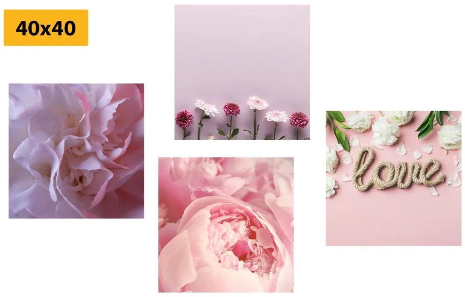 Σετ με εικόνες λουλούδια σε απαλή ροζ απόχρωση - 4x 40x40