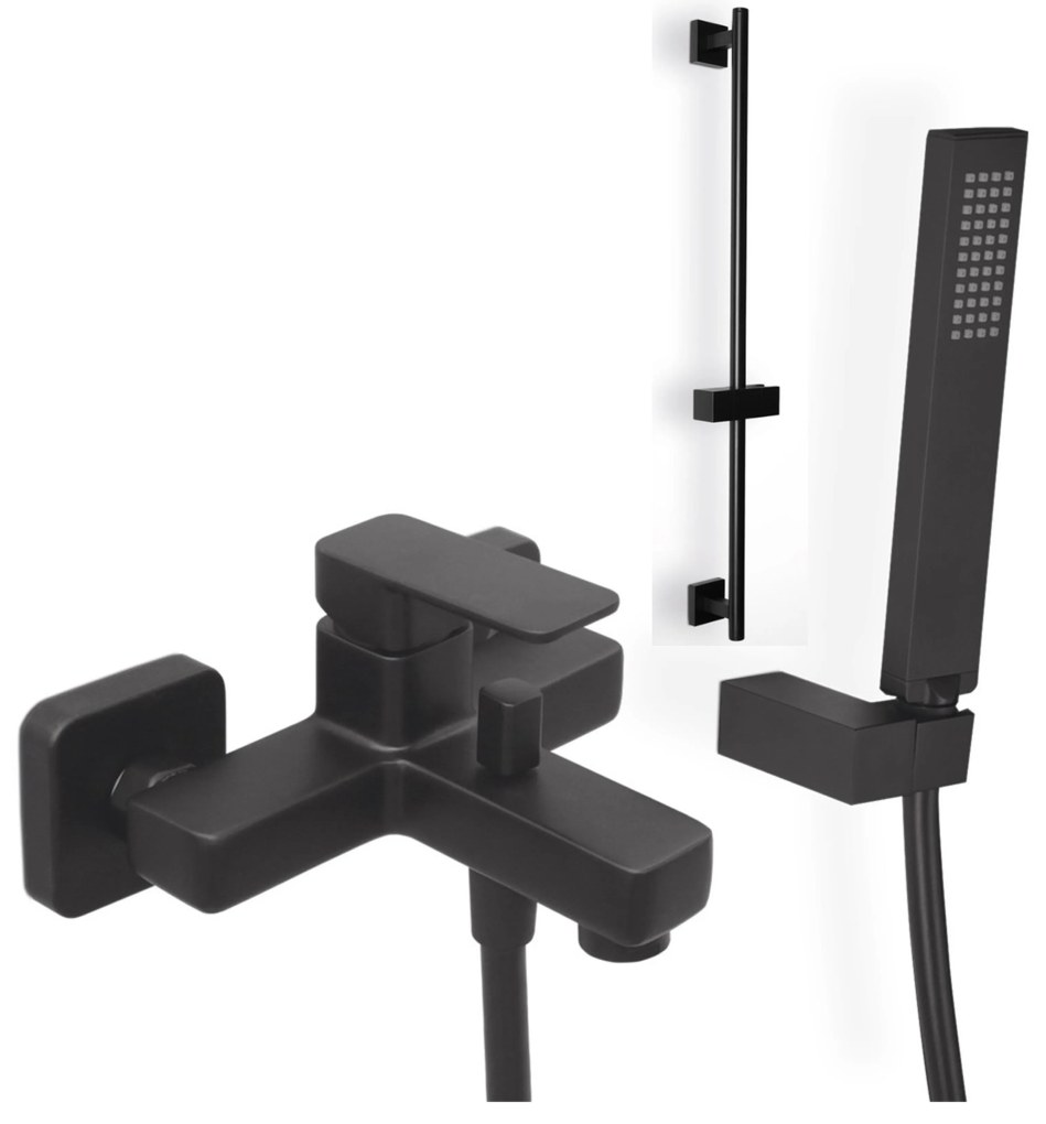 Eurorama Quadra Black Matt Μπαταρία Λουτρού Με Tηλέφωνο Anticalcare+Στήριγμα Tηλεφώνου+Σπιράλ+Βέργα ντους FLUTE 70εκ