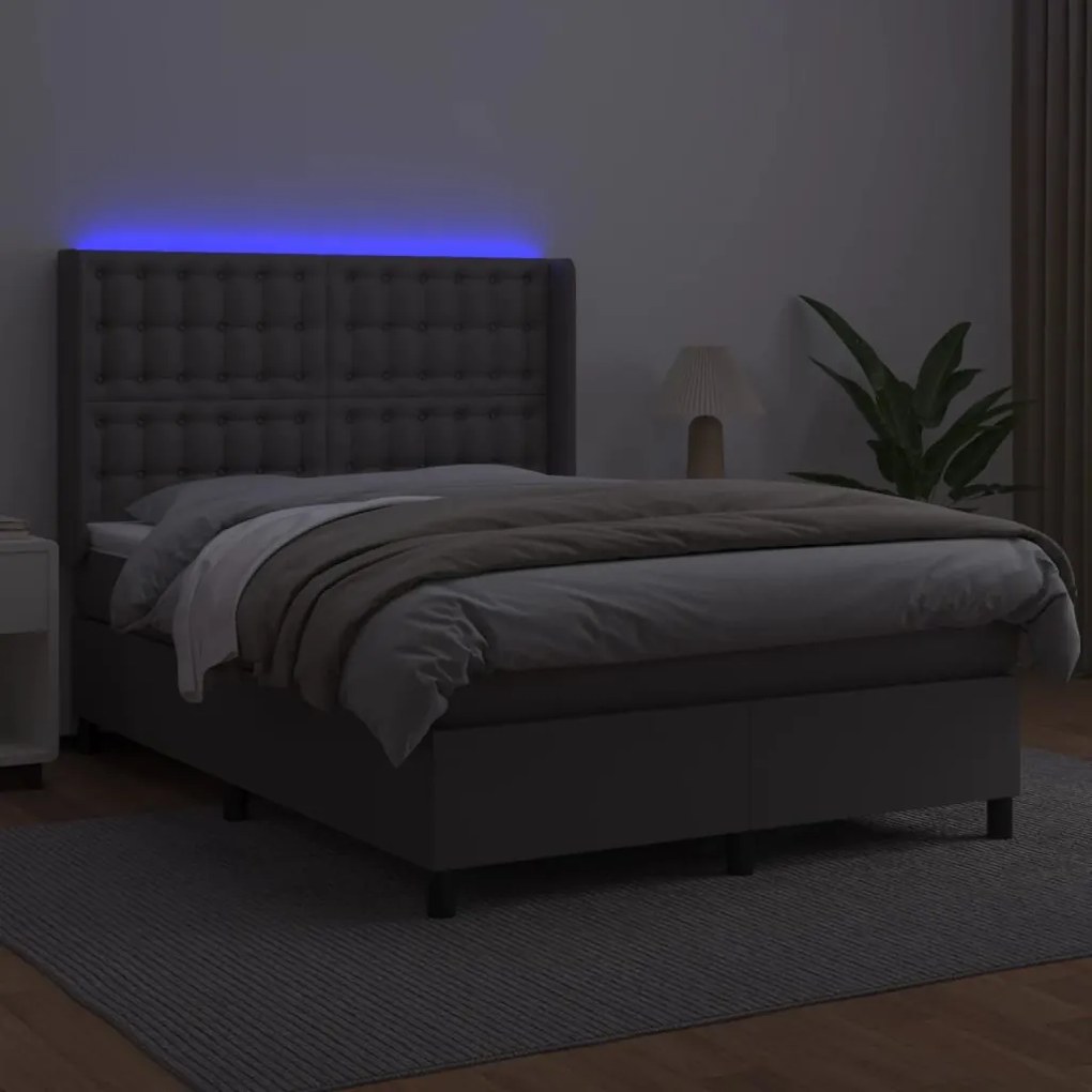 vidaXL Κρεβάτι Boxspring με Στρώμα &amp; LED Γκρι 140x200 εκ. Συνθ. Δέρμα