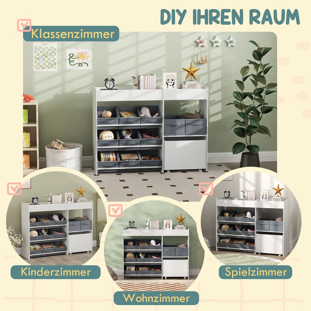 AIYAPLAY Παιδικό Ράφι Αποθήκευσης, Ντουλάπι παιχνιδιών για παιδιά με 11 υφασμάτινα κουτιά, επάνω ράφια, 3 αυτοκόλλητα, Λευκό