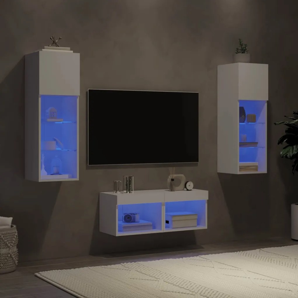 vidaXL Ντουλάπια Τηλεόρασης Τοίχου 4 Τεμ. με Φώτα LED Λευκά