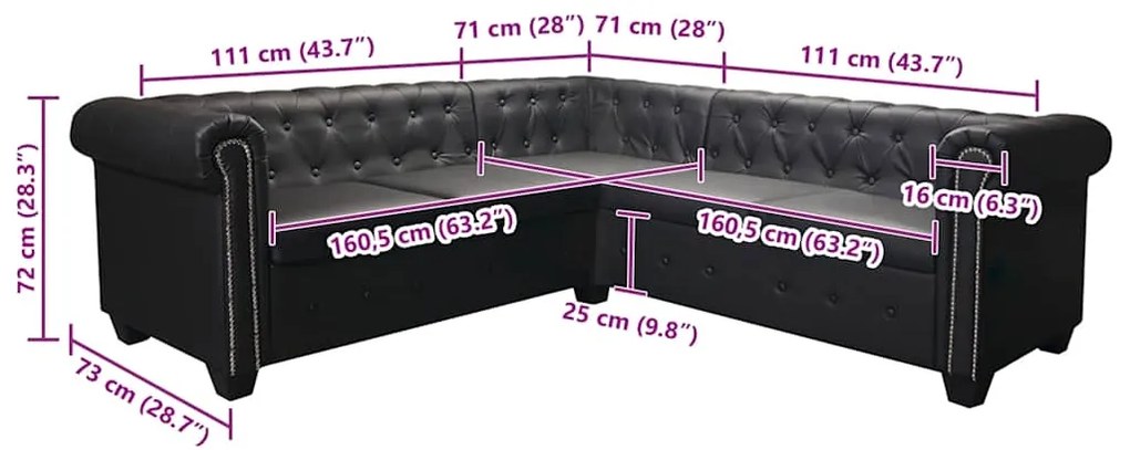vidaXL Καναπές Γωνιακός Πενταθέσιος Chesterfield Μαύρος Συνθετικό Δέρμα