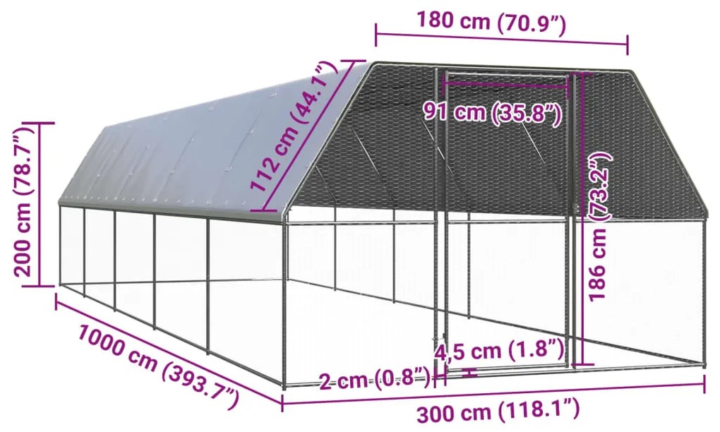 vidaXL Κοτέτσι - Κλουβί Εξωτ. Χώρου 3x10x2 μ. από Γαλβανισμένο Χάλυβα