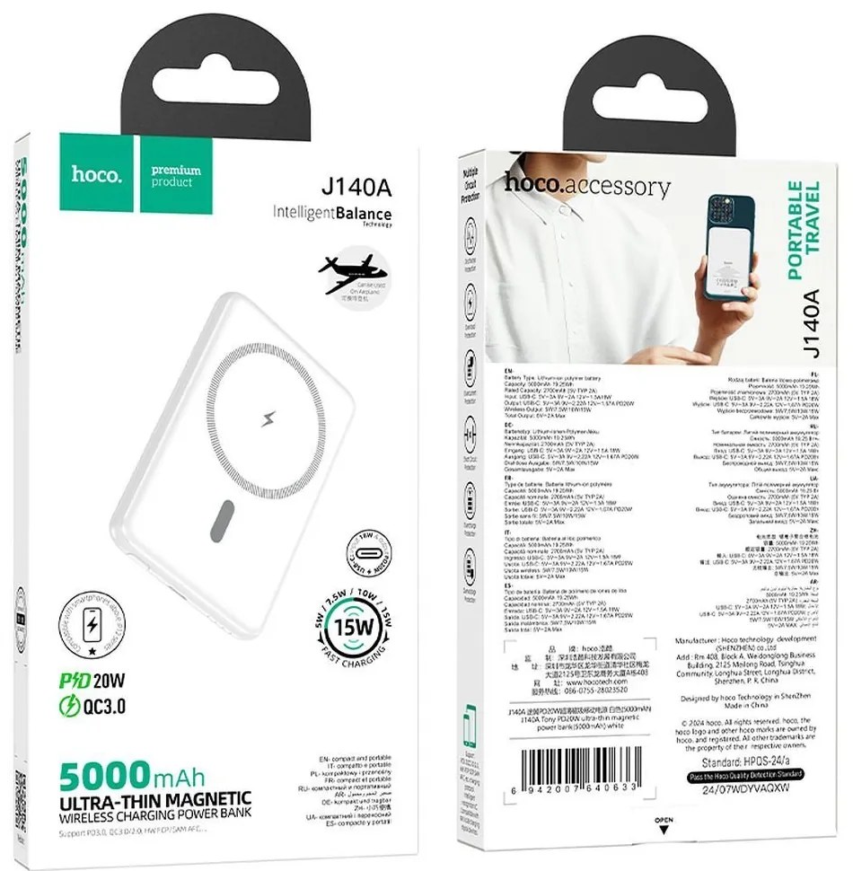 Hoco J140A powerbank 5000 mAh ultra-thin compatible with MagSafe PD QC 2A 20W white