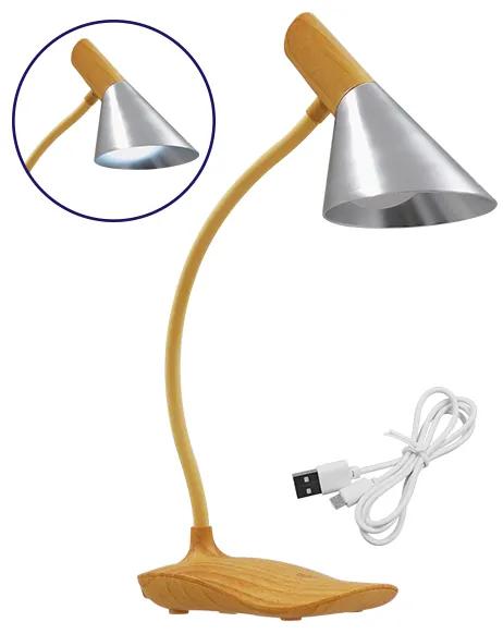 GloboStar® DRAPER 01438 Επαναφορτιζόμενο USB Φωτιστικό Γραφείου LED 6 Watt Μονόφωτο Μεταλλικό σε Απόχρωση Ξύλου με Ασημί Καπέλο Λευκό Ημέρας 4500K Dimmable
