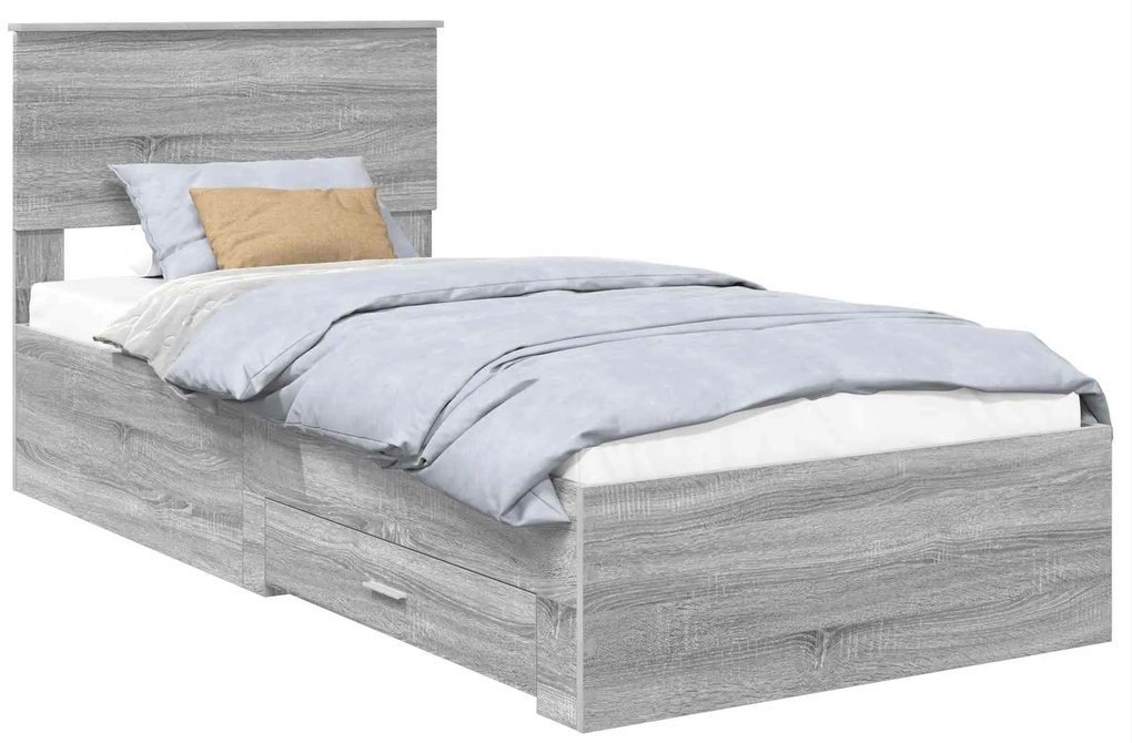 vidaXL Σκελετός Κρεβατιού με συρτάρι Γκρι Σονομά και Ασημί 75 x 190 cm