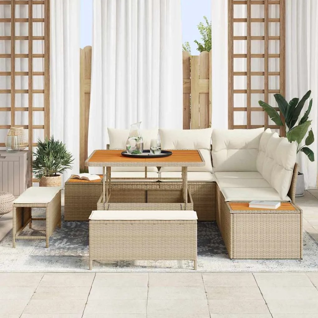 vidaXL Σετ Καναπέ Κήπου με μαξιλάρι 8 pcs Μπεζ Πολυ ράταν