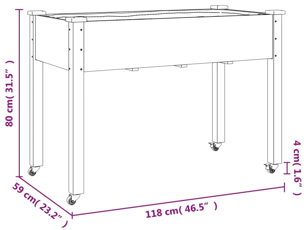vidaXL Γλάστρα με Ρόδες & Επένδυση Καφέ 118x59x80 εκ Μασίφ Ξύλο Ελάτης
