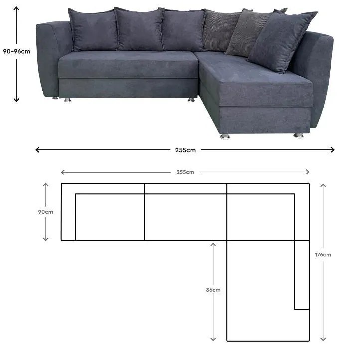 Γωνιακός Καναπές Vita Fylliana Σκούρο Γκρί 255x176x90 εκ.