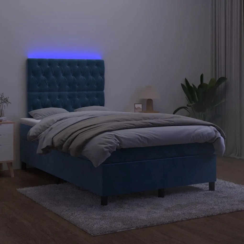 Κρεβάτι Boxspring με Στρώμα &amp; LED Σκ. Μπλε 120x190εκ. Βελούδινο - Μπλε