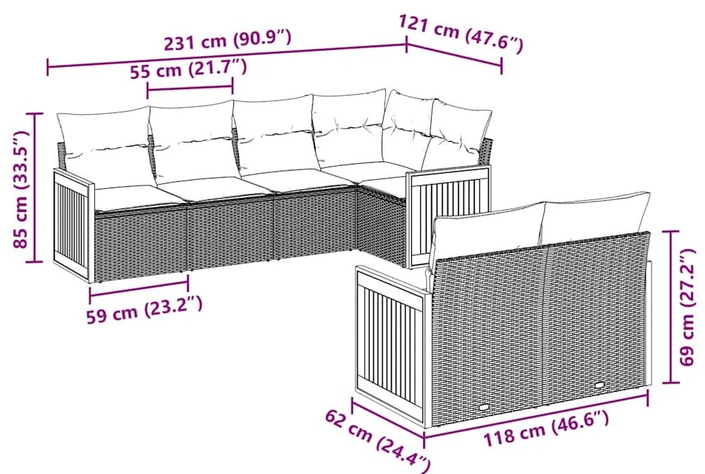 vidaXL Καναπές Σετ 7 Τεμαχίων Μαύρο Συνθετικό Ρατάν με Μαξιλάρια