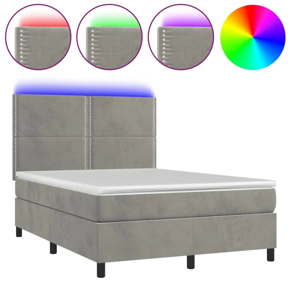 vidaXL Κρεβάτι Boxspring με Στρώμα&LED Αν. Γκρι 140x190 εκ. Βελούδινο