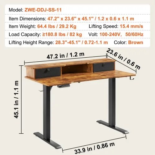 VEVOR Height Adjustable Desk, 47.2&quot; x 23.6&quot; Electric Dual Monitor Riser Workstation, Whole Piece Desk Board Sit to Stand, 3-Key Modes Sturdy Dual Metal Frame,180LBS Capacity for Computer Home &amp; Office