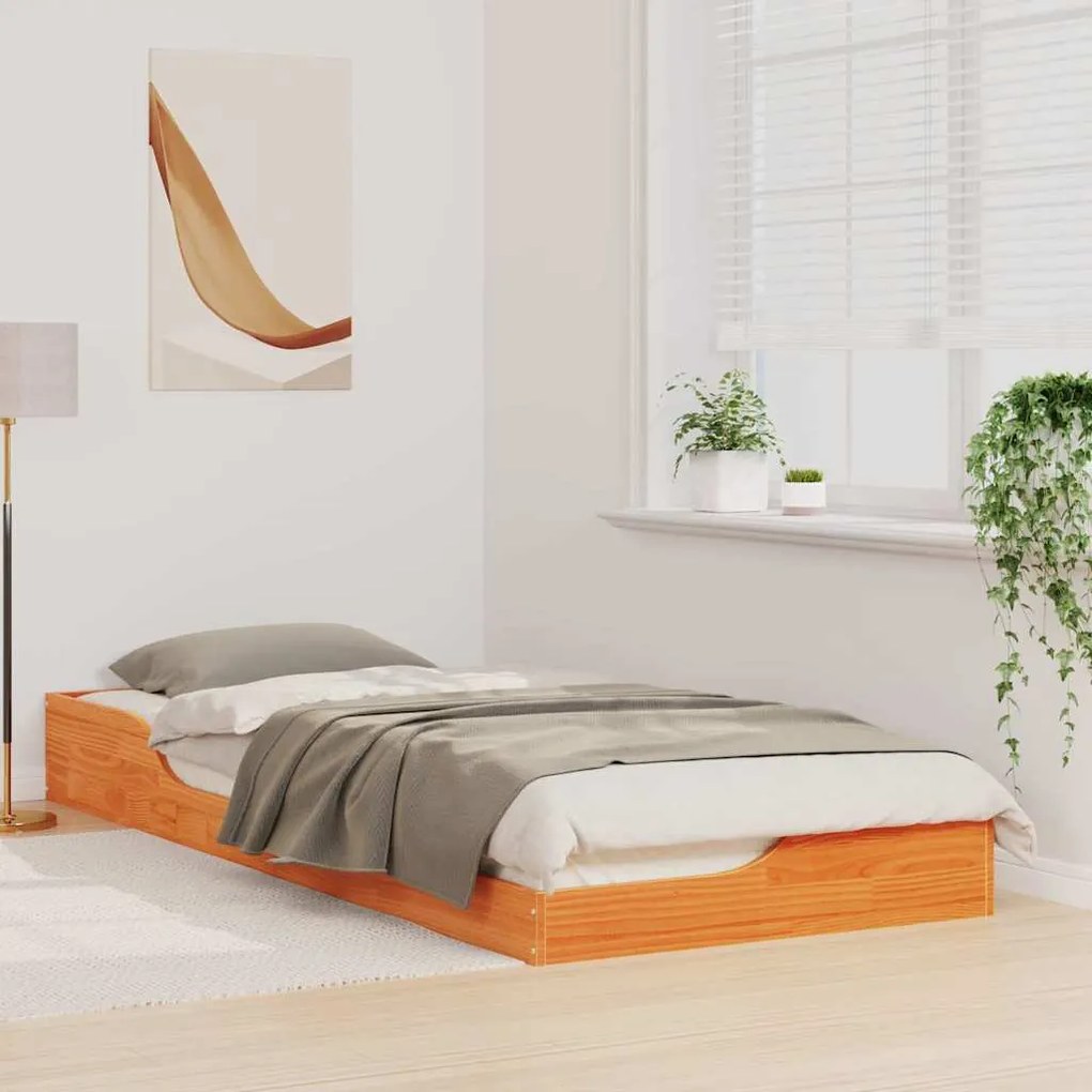 vidaXL Κρεβάτι δαπέδου Καφέ κεριού 90 x 220 cm Μασίφ ξύλο πεύκου