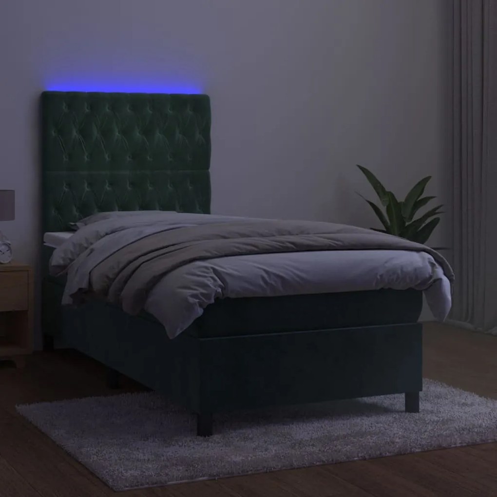 vidaXL Κρεβάτι Boxspring με Στρώμα & LED Σκ. Πράσινο 100x200εκ Βελούδο