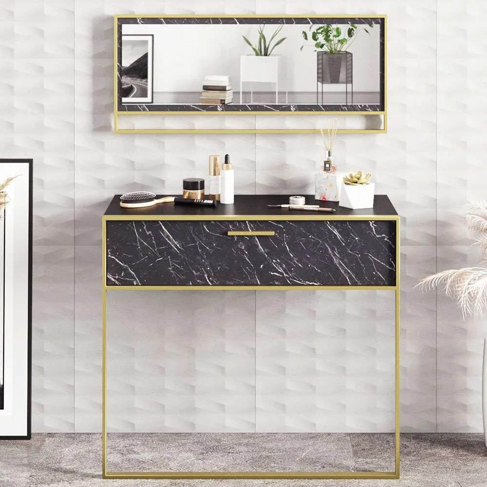 Κονσόλα Με Καθρέπτη Polka Aynali 875ZNA3511 90x38,5x76,8/90x3x37,8cm Marble Effect Black-Gold Particle Board, Metal