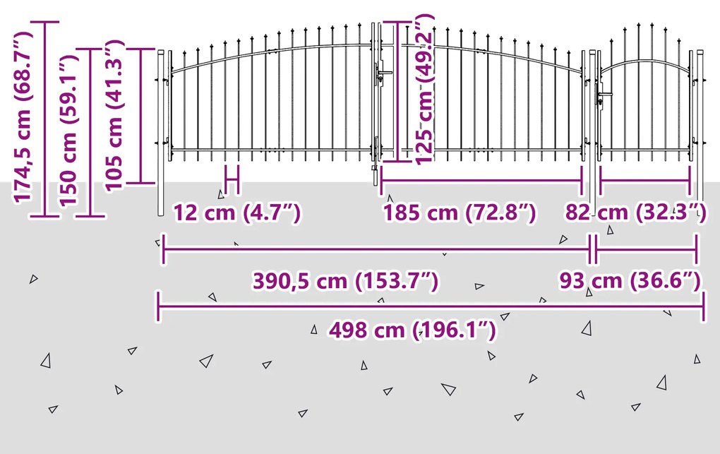 vidaXL Πύλη Κήπου με Ακίδες Γκρίζα 125x500 εκ Χάλυβας