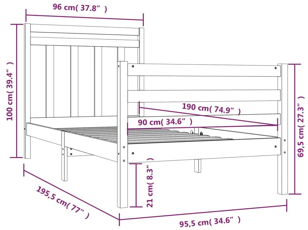 vidaXL Πλαίσιο Κρεβατιού 90 x 190 εκ. από Μασίφ Ξύλο Single