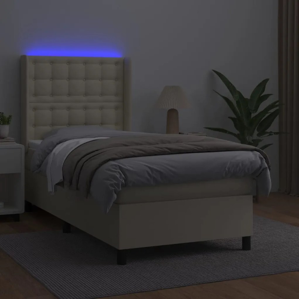 vidaXL Κρεβάτι Boxspring με Στρώμα & LED Κρεμ 90x200 εκ. Συνθ. Δέρμα