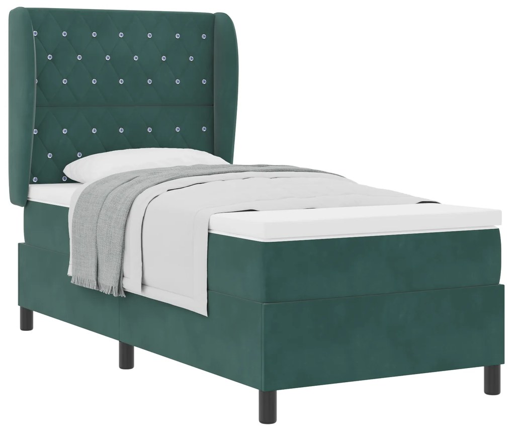 vidaXL Κρεβάτι Box Spring με Στρώμα σε Σκούρο Πράσινο, 100x200 εκ., Βελούδο