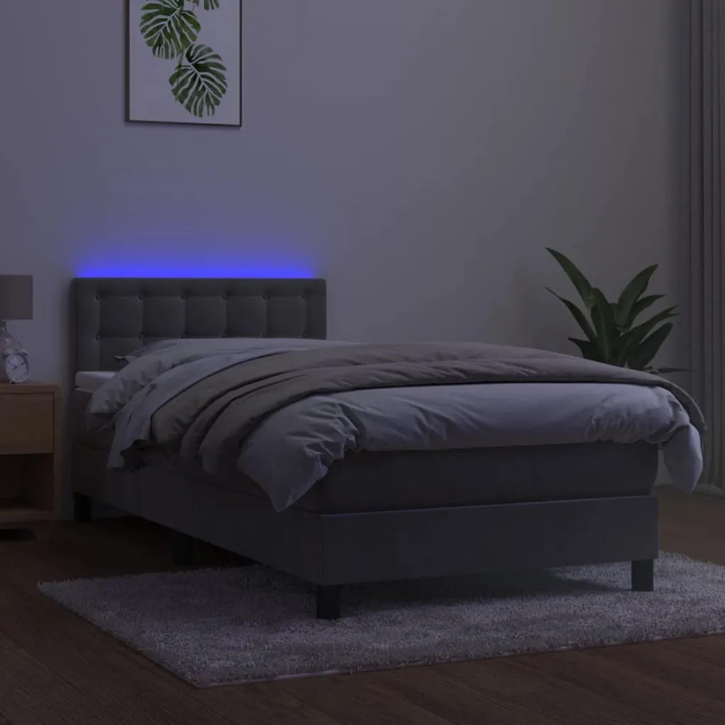 Κρεβάτι Boxspring με Στρώμα &amp; LED Αν.Γκρι 100x200 εκ. Βελούδινο - Γκρι