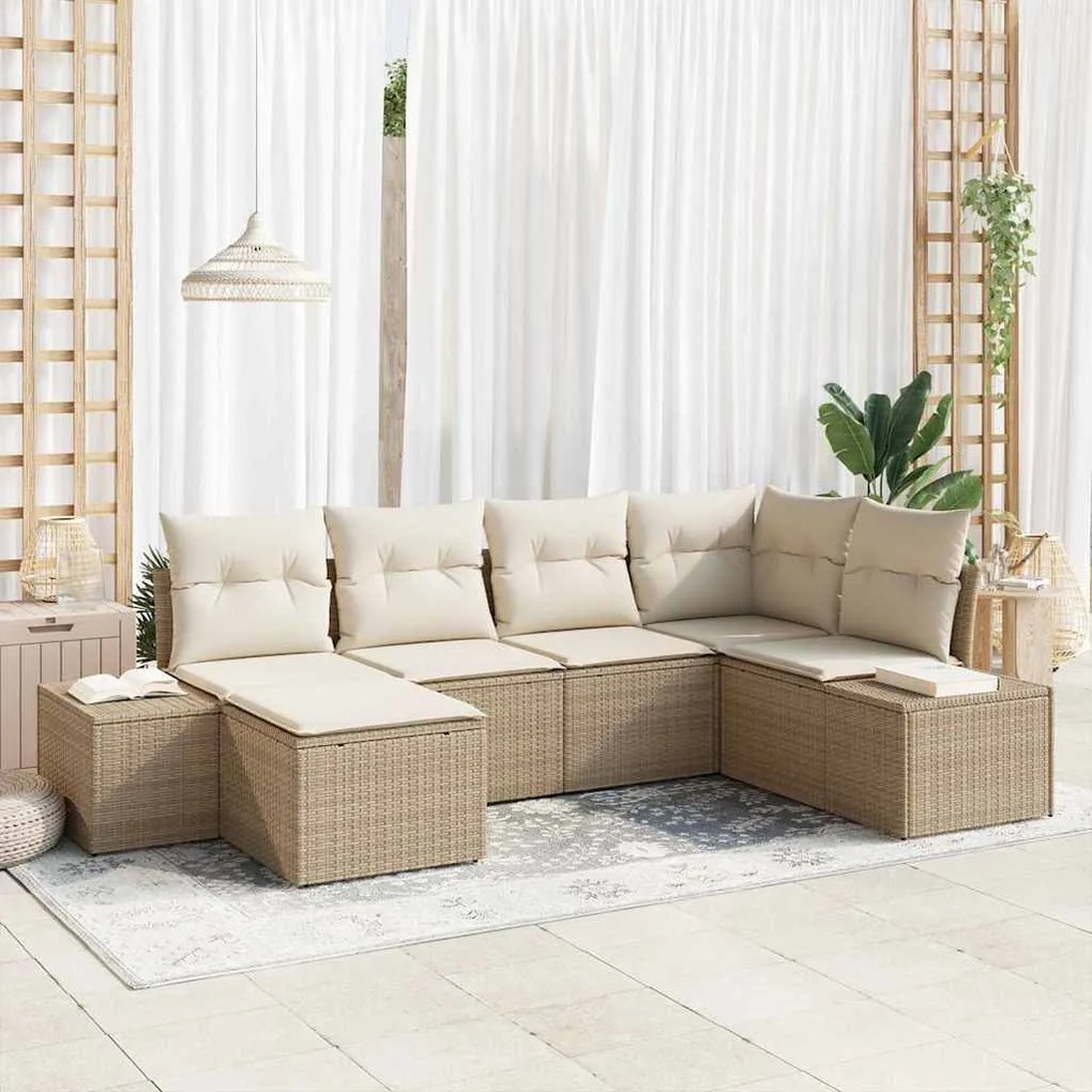 vidaXL Σετ Καναπέ Κήπου με μαξιλάρι 6 pcs Μπεζ και Κρεμ. Πολυ ράταν