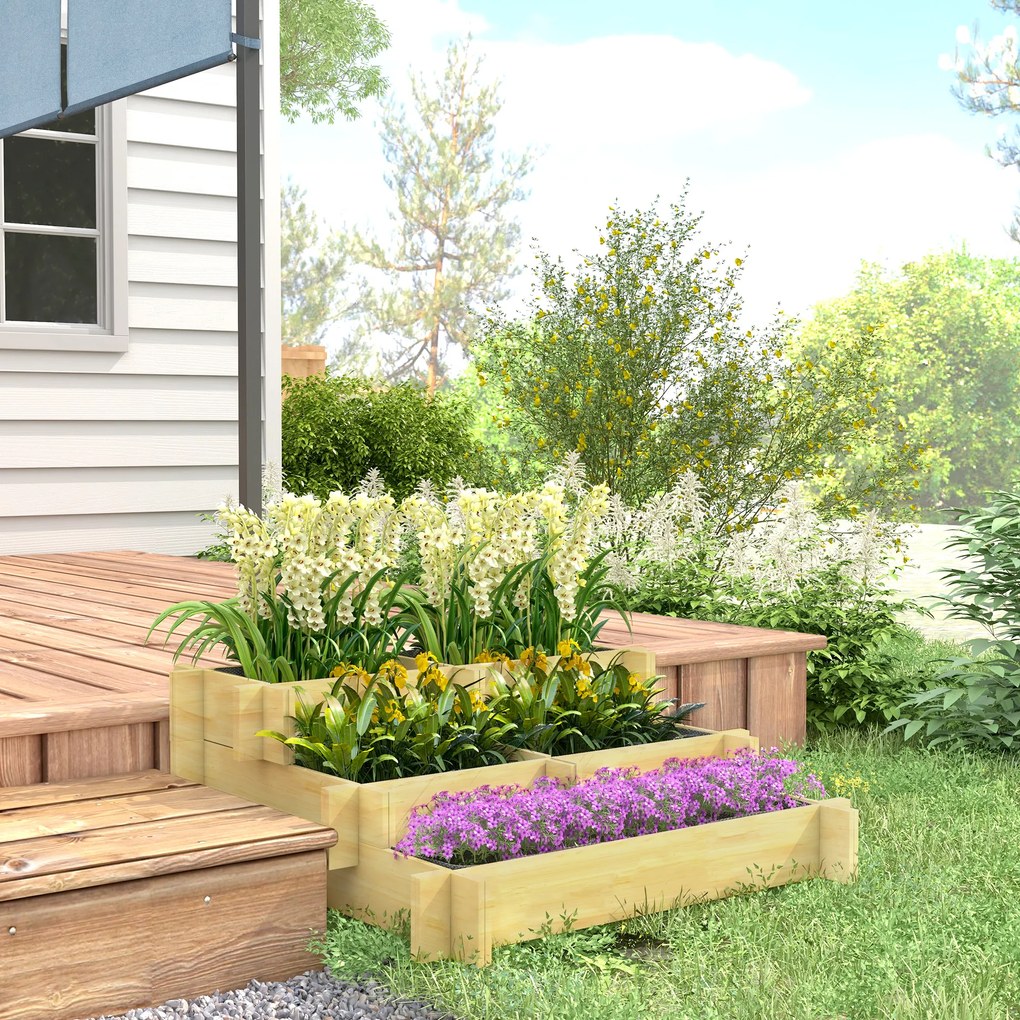 Outsunny Υπερυψωμένο παρτέρι, Γλάστρα, 3 επιπέδων, Άνοιγμα αποστράγγισης, Υφασμάτινη επένδυση, Φυσικό ξύλο, 93 x 93 x 35 cm