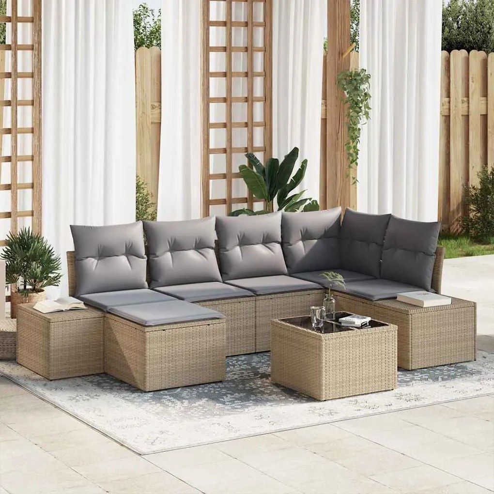 vidaXL Σετ Καναπέ Κήπου με μαξιλάρι 7 pcs Μπεζ, γκρι Πολυ ράταν
