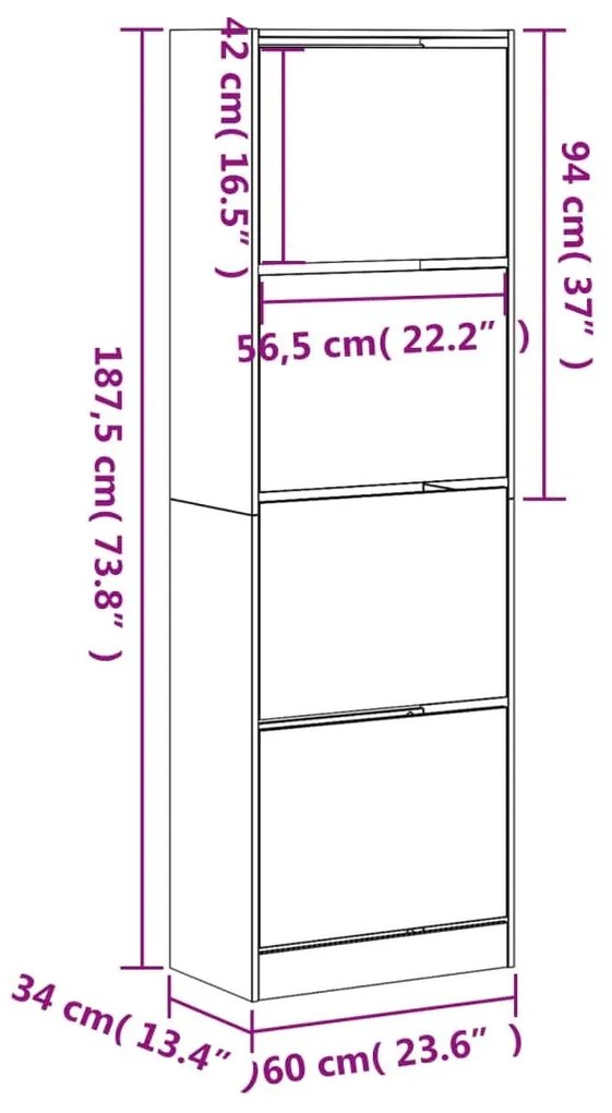 Παπουτσοθήκη με 4 Ανακλ. Συρτάρια Γκρι Sonoma 60x34x187,5 εκ. - Γκρι