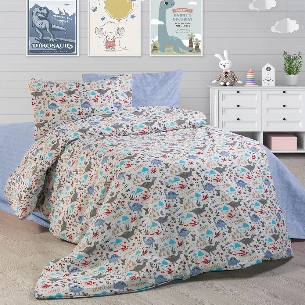 Σεντόνια Παιδικά (Σετ 3τμχ) Dino 309 White-Blue DimCol Μονό 160x240cm Cotton-Polyester