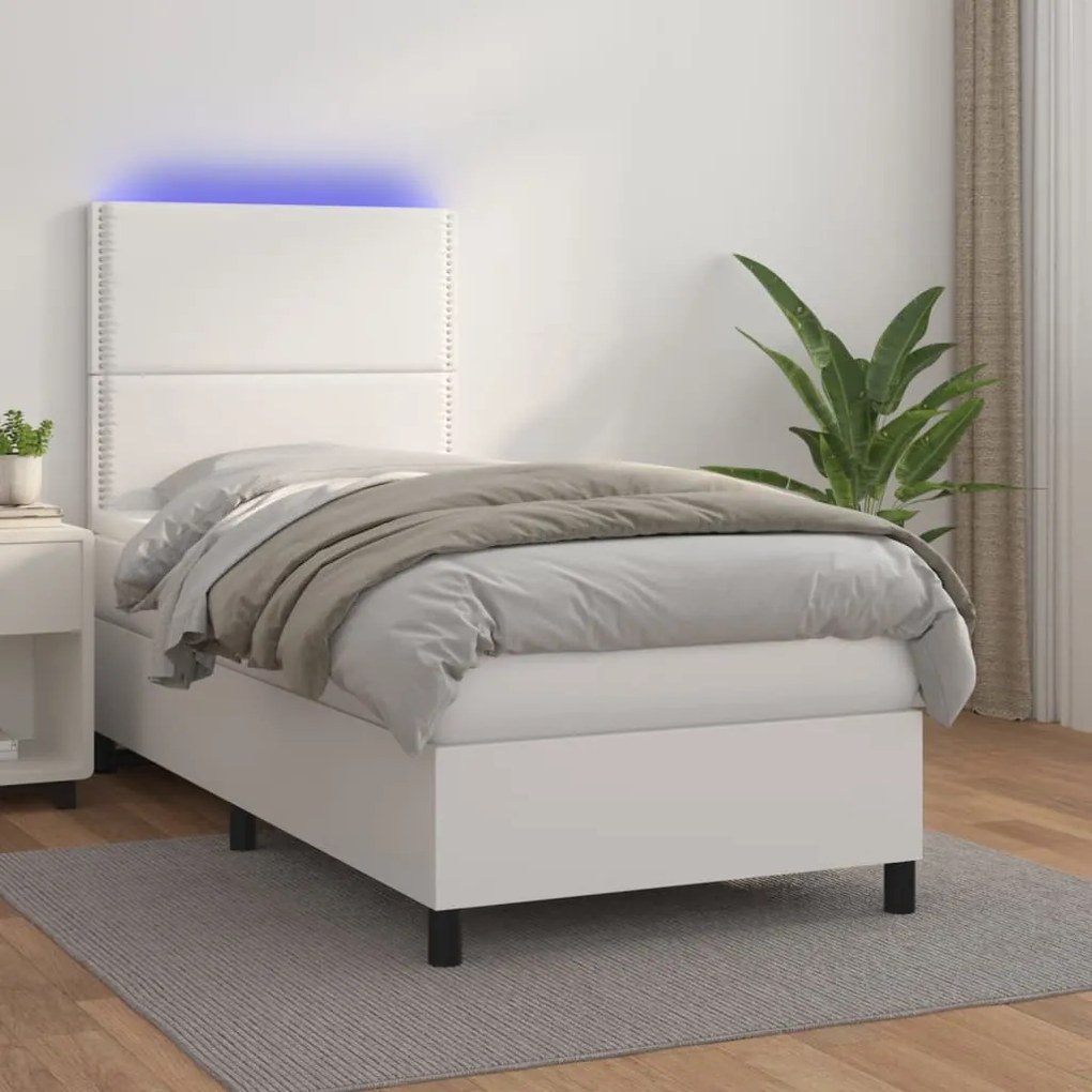 Κρεβάτι Boxspring με Στρώμα &amp; LED Λευκό 80x200 εκ. Συνθ. Δέρμα