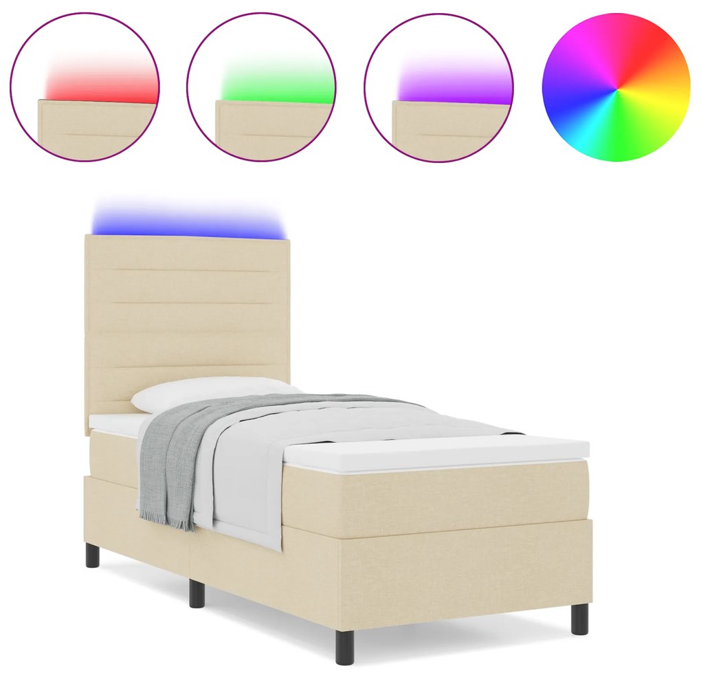 vidaXL Κρεβάτι με ελατήρια και στρώμα & LED σε κρεμ, 90 x 200 cm, Υφασμάτινο