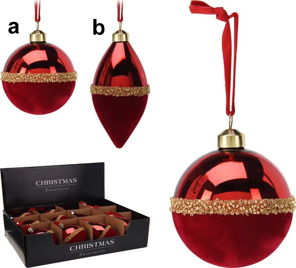 Χριστουγεννιάτικη Γυάλινη Μπάλα Στολίδι Κόκκινο με Βελούδο 8cm σε 2 σχέδια 187817 (b)