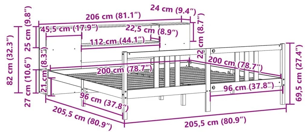 Κρεβάτι Βιβλιοθήκη Χωρίς Στρώμα 200x200 εκ Μασίφ Ξύλο Πεύκου - Λευκό