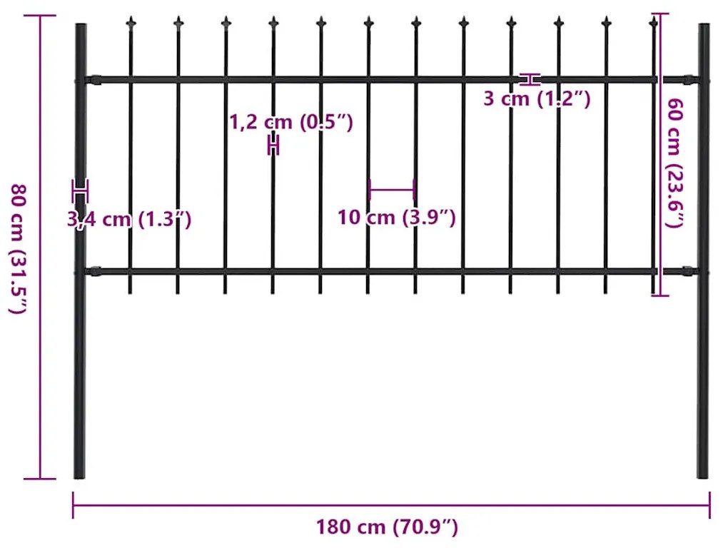 vidaXL Φράχτης Κήπου με Κορυφή Δόρυ Μαύρος Ατσάλινος 181 x 80 εκ.