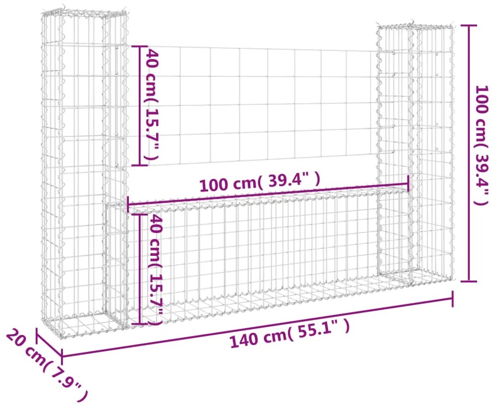 vidaXL Συρματοκιβώτιο σε U Σχήμα με 2 Στύλους 140x20x100 εκ Σιδερένιο