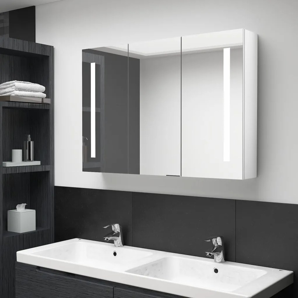 vidaXL Καθρέφτης Μπάνιου με Ντουλάπι &amp; LED Γυαλ. Λευκό 89x14x62 εκ.