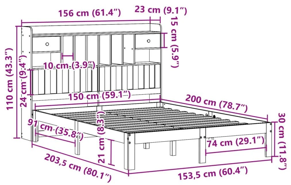 Κρεβάτι Βιβλιοθήκη Χωρίς Στρώμα 150x200 εκ Μασίφ Ξύλο Πεύκου - Λευκό