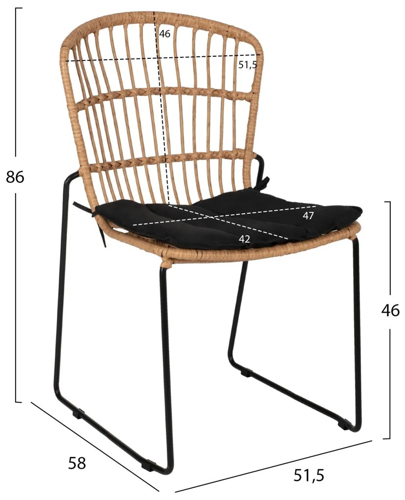 ΚΑΡΕΚΛΑ ΜΕΤΑΛΛΙΚΗ ΜΑΥΡΗ  ΜΑΥΡΟ ΜΑΞΙΛΑΡΙ &amp; RATTAN ΦΥΣΙΚΟ 51.5x58x86Yεκ.