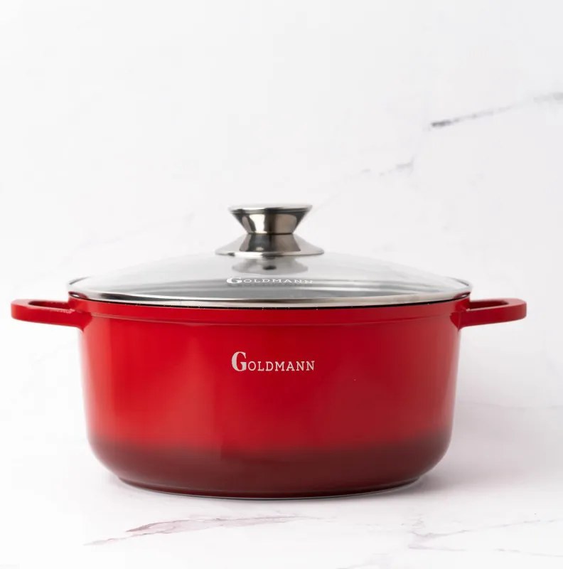 Κατσαρόλα Goldmann GM-7324R, 4,5 l, 24 cm, Αντικολλητική μαρμάρινη επίστρωση, Καπάκι με άνοιγμα, Επαγωγή, Κόκκινο