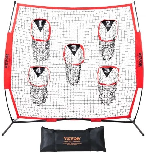 VEVOR 6 x 6 ft Football Trainer Throwing Net, Training Throwing Target Practice Net with 5 Target Pockets, Knotless Net Includes Bow Frame and Portable Carry Case, Improve QB Throwing Accuracy, Red