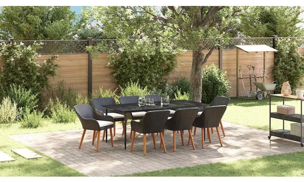 vidaXL Σέτ φαγητού για κήπο με μαξιλάρι 9 pcs Μαύρο συνθετικό ρατάν