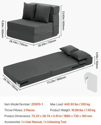 VEVOR Folding Sofa Bed 3-in-1 Foldable Couch Bed with 2 Pillows Dark Grey Single