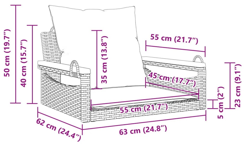 Παγκάκι Κούνια Γκρι 63x62x40 εκ. Συνθετικό Ρατάν με Μαξιλάρια - Μαύρο