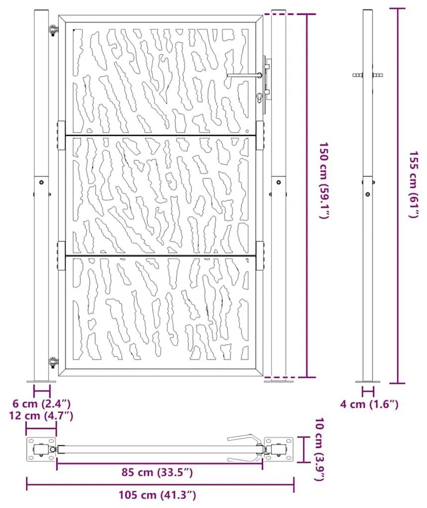 Πύλη κήπου 105x155 cm από διαβρωμένο χάλυβα με σχέδιο ίχνος - Καφέ