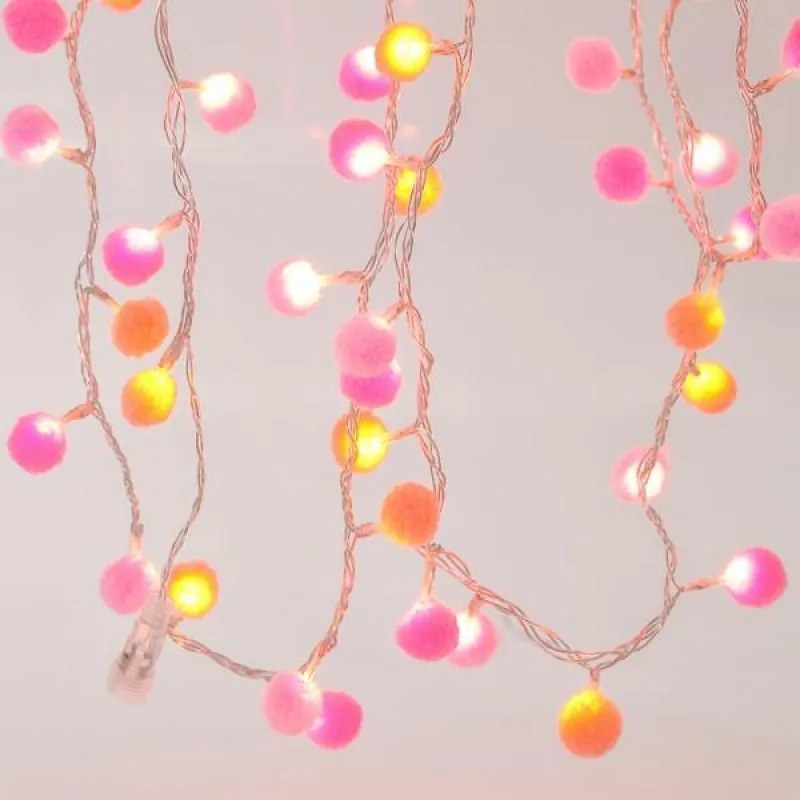 Magic Christmas Γιρλάντα 100 LED Θερμό Λευκό Με Λευκές Και Ροζ Υφασμάτινες Μπάλες 5.15m Διαφανές Καλώδιο IP44 600-11289